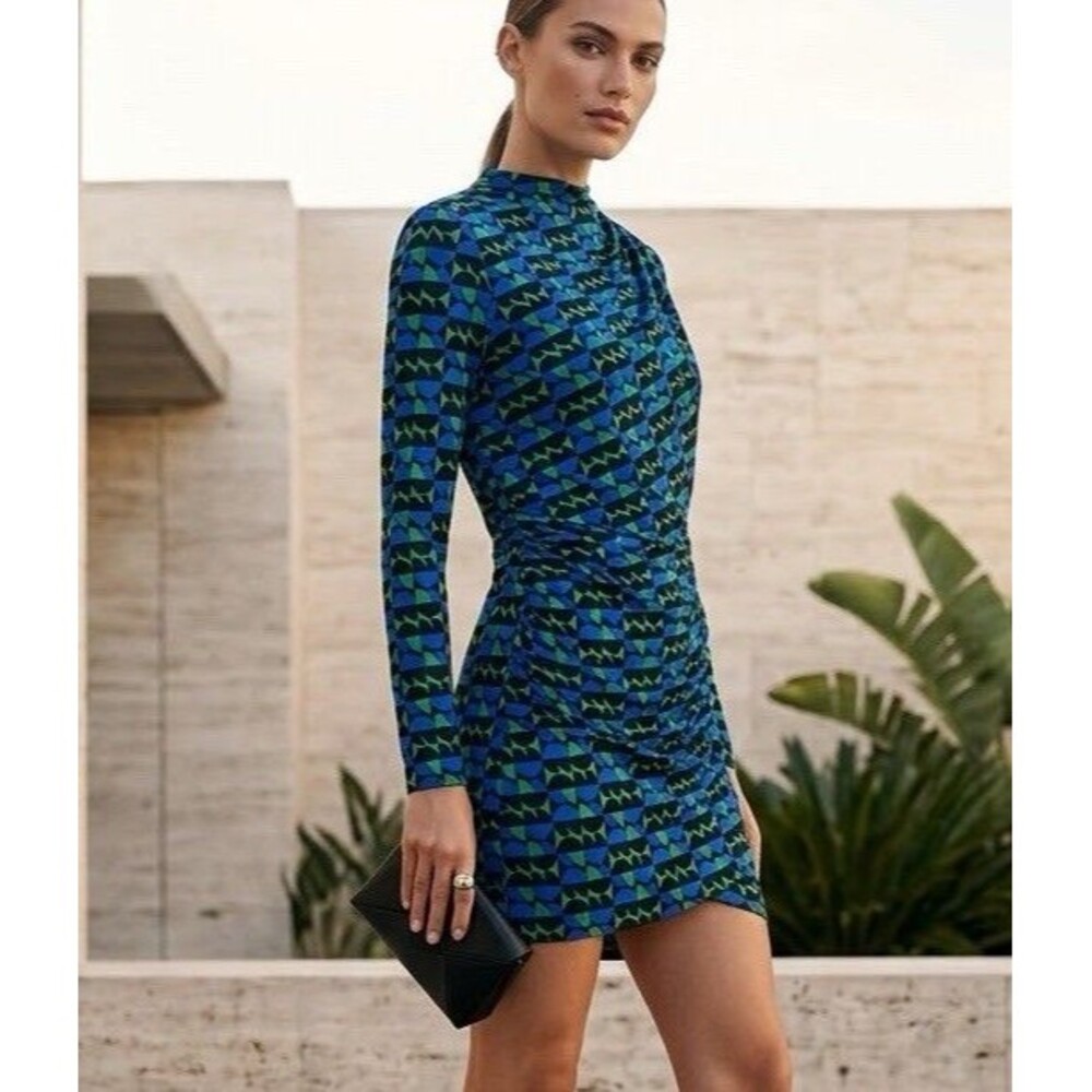 Zara 70s Mod Geometric Print Asymmetric Draped Bodycon Long Sleeve Mini Dress L